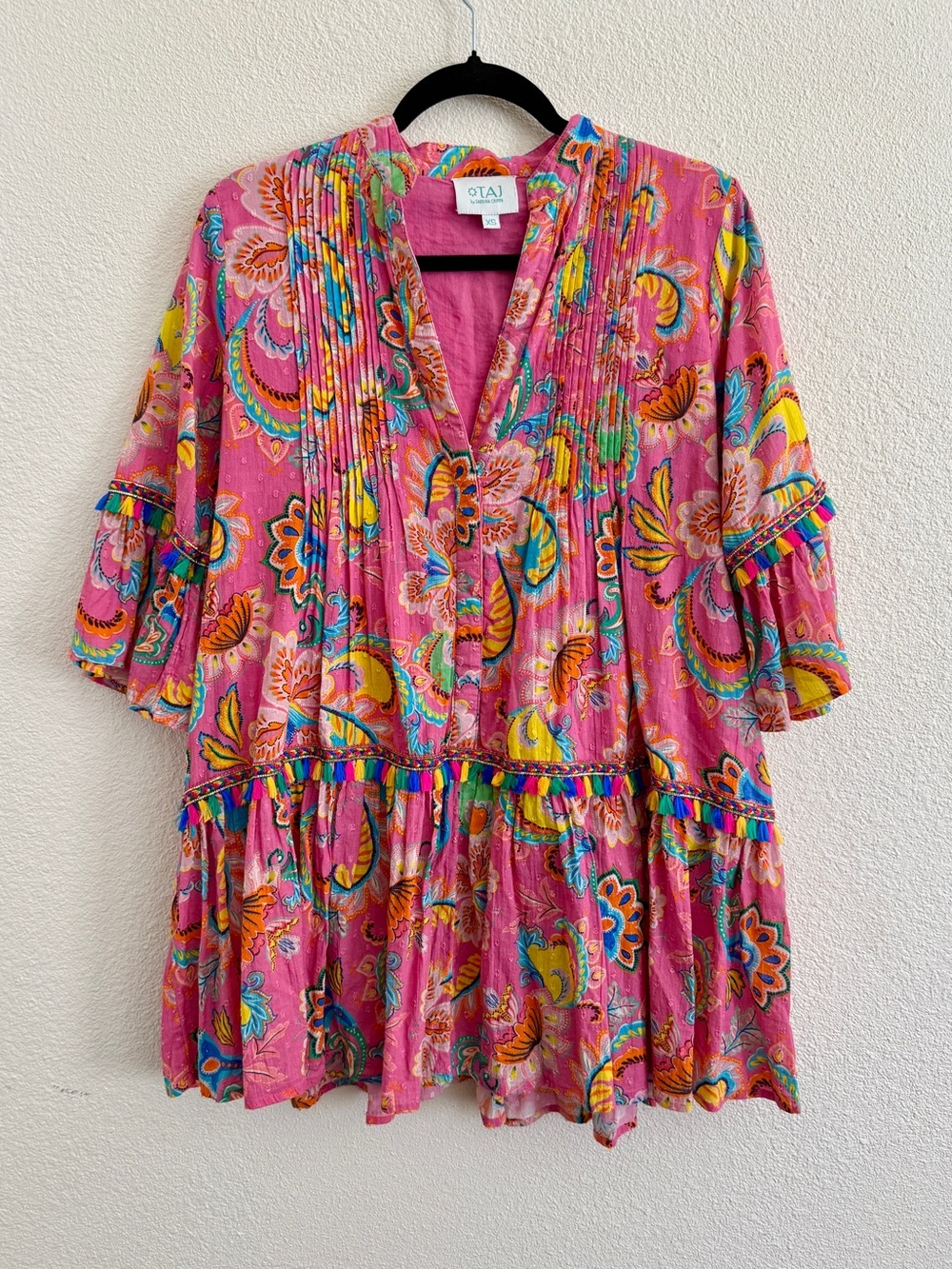 TAJ by Sabrina Crippa Pink Floral Paisley Tassel Embellished Mini Dress XS